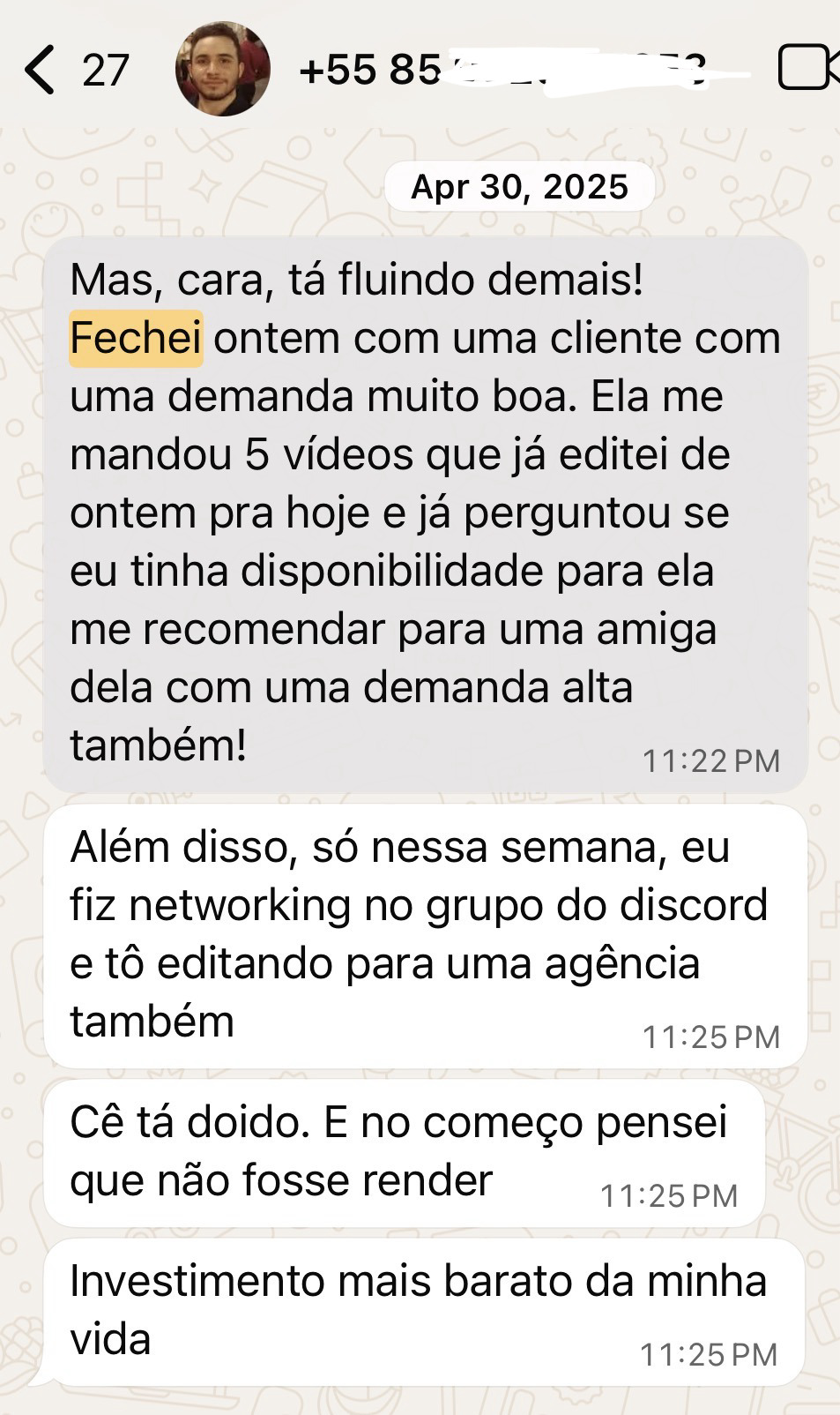 Depoimento de aluno fechando cliente de edição