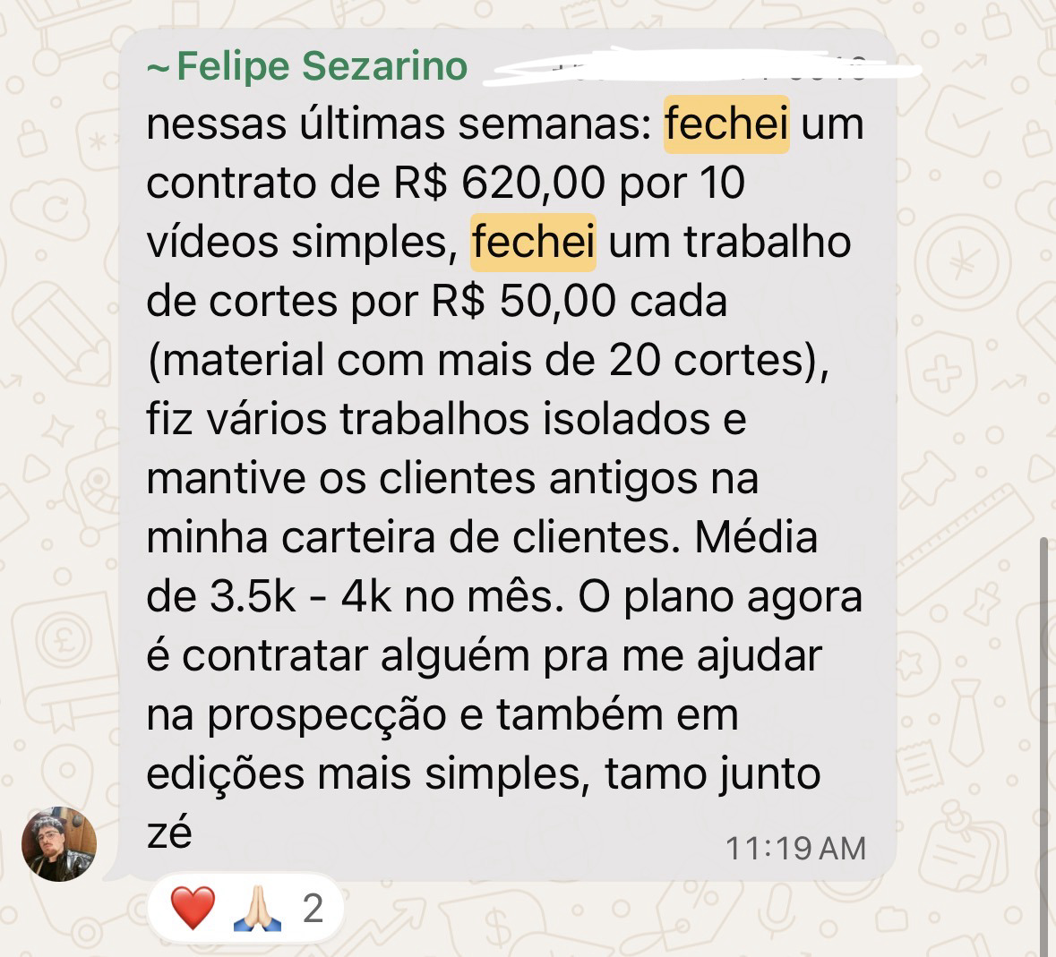Depoimento de aluno fechando cliente de edição